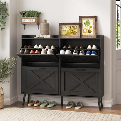 【Black Friday】Vabches Large Shoe Cabinet with 4 Flip Drawers, Freestanding Shoe Organizer with Metal Drawer Bracket for Entryway