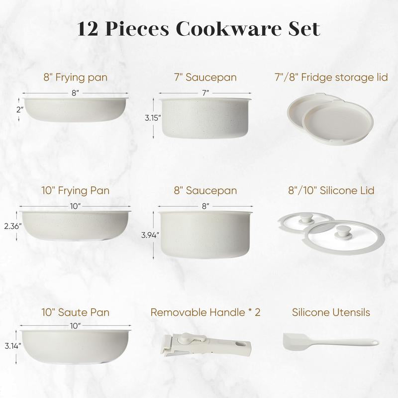 12 Pcs Pots and Pans Set Nonstick - Kitchen Cookware Set with Detachable Handle, Induction Cookware, Oven Safe, Stackable Non-Stick Set, Beige Oil