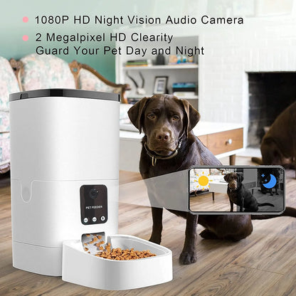 Smart 6L Automatic Pet Feeder with 1080P Camera, App Control, Voice Recorder & Timed Feeding for Cats and Dogs - Dual Power Supply & Wifi Enabled