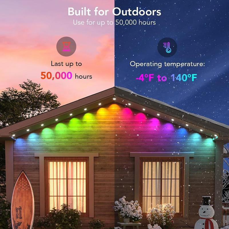 Outdoor String Light, RGB Eaves Light with APP Control Remote, DIY Scene Modes IP67 Waterproof Outdoor under Eave Lighting for Outdoor Decor, House, Party, Holiday