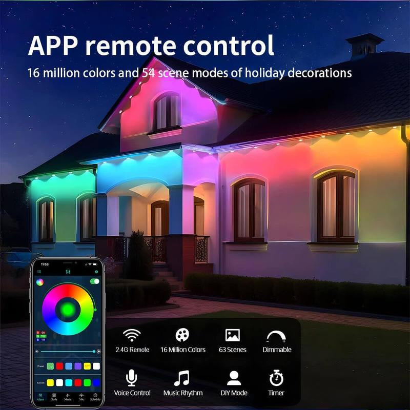 Outdoor String Light, RGB Eaves Light with APP Control Remote, DIY Scene Modes IP67 Waterproof Outdoor under Eave Lighting for Outdoor Decor, House, Party, Holiday