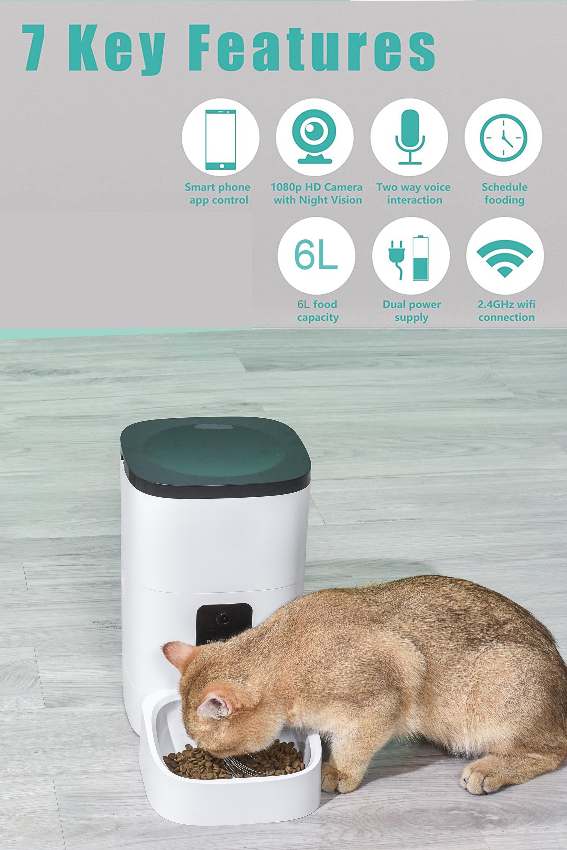 Smart 6L Automatic Pet Feeder with 1080P Camera, App Control, Voice Recorder & Timed Feeding for Cats and Dogs - Dual Power Supply & Wifi Enabled