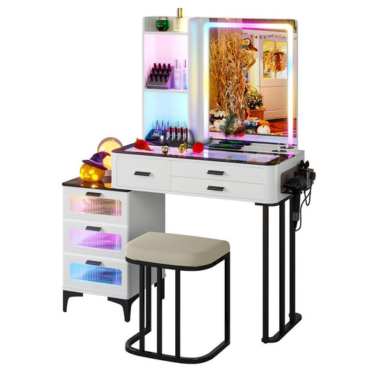 Miu Makeup Vanity Set, 24-Color RGB Lights, Wireless Charging, HD Mirror, Transparent Desktop, 6-Drawer Chest, and Big Storage – All-In-One (Table Size: 45”W X 15.8”D X 50”H)