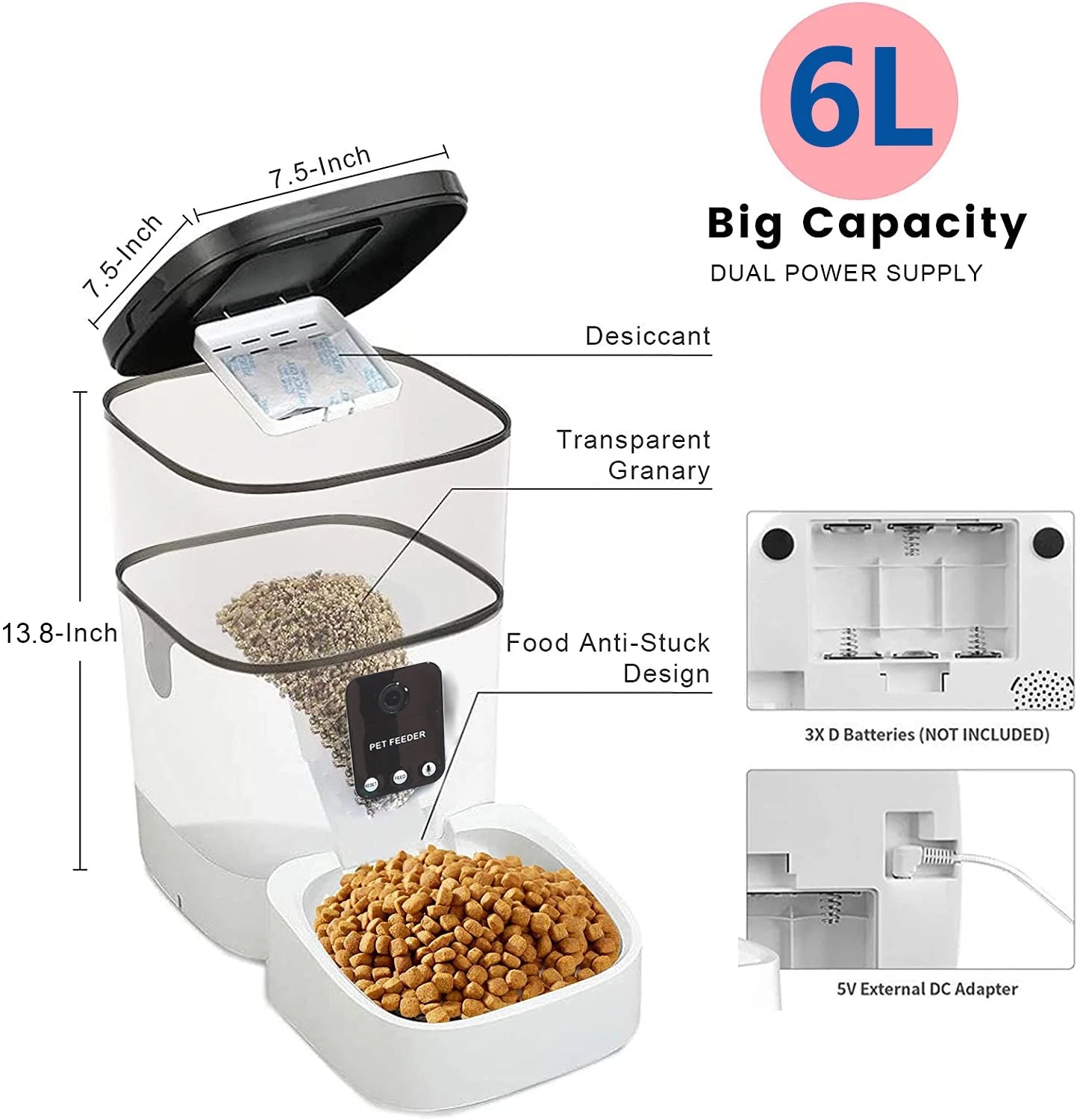 Smart 6L Automatic Pet Feeder with 1080P Camera, App Control, Voice Recorder & Timed Feeding for Cats and Dogs - Dual Power Supply & Wifi Enabled