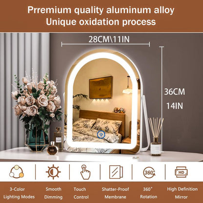 Illuminate Your Beauty: 11"×14" Arched LED Vanity Mirror with 3 Dimmable Light Modes and 360° Rotation