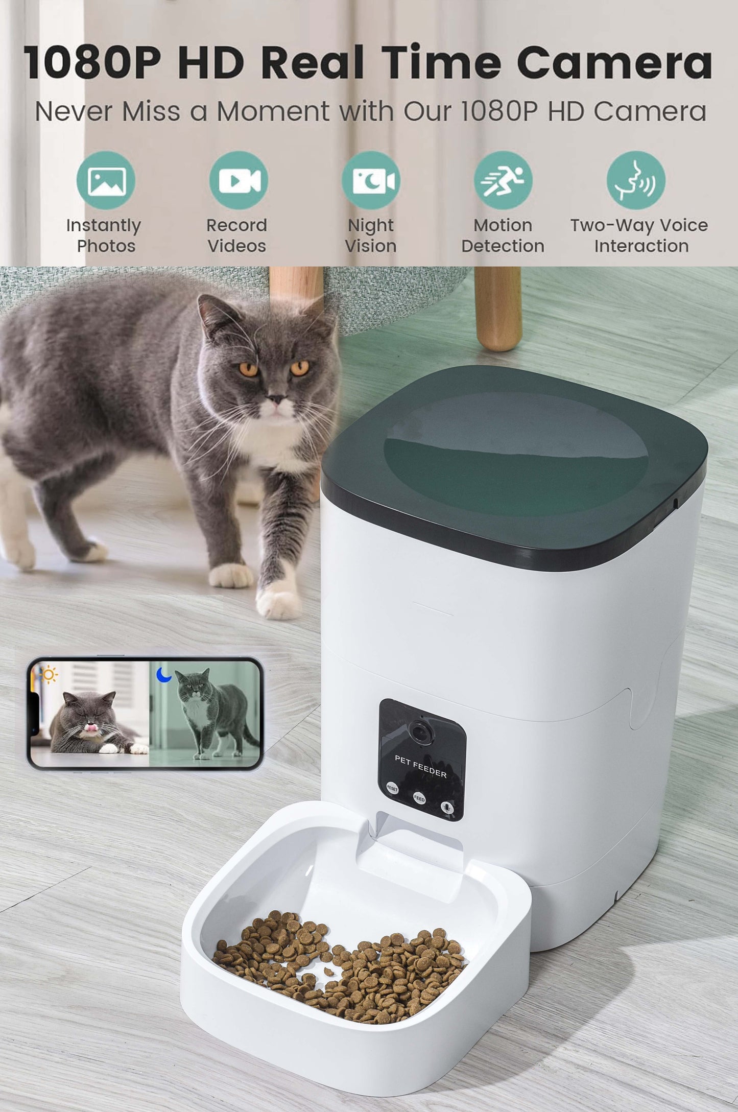 Smart 6L Automatic Pet Feeder with 1080P Camera, App Control, Voice Recorder & Timed Feeding for Cats and Dogs - Dual Power Supply & Wifi Enabled